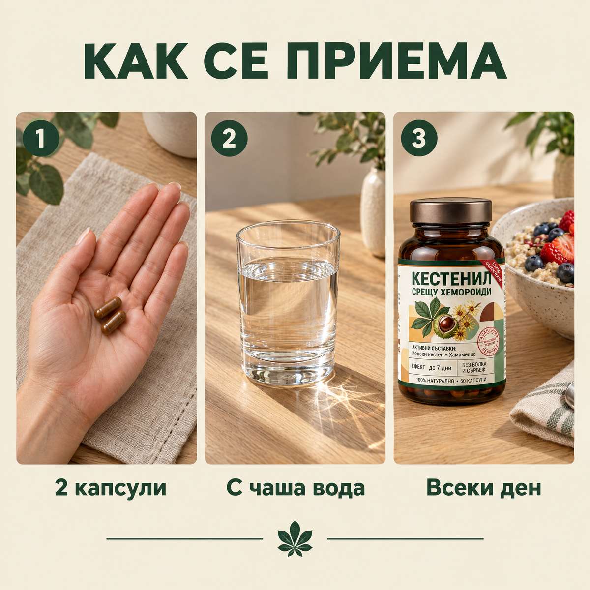 Как се приема Кестенил: 2 капсули дневно с вода